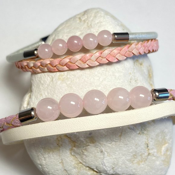 Natural Rose Quartz Beaded Bolo Braided Leather Mother and Daughter Bracelet - Picture 5 of 10